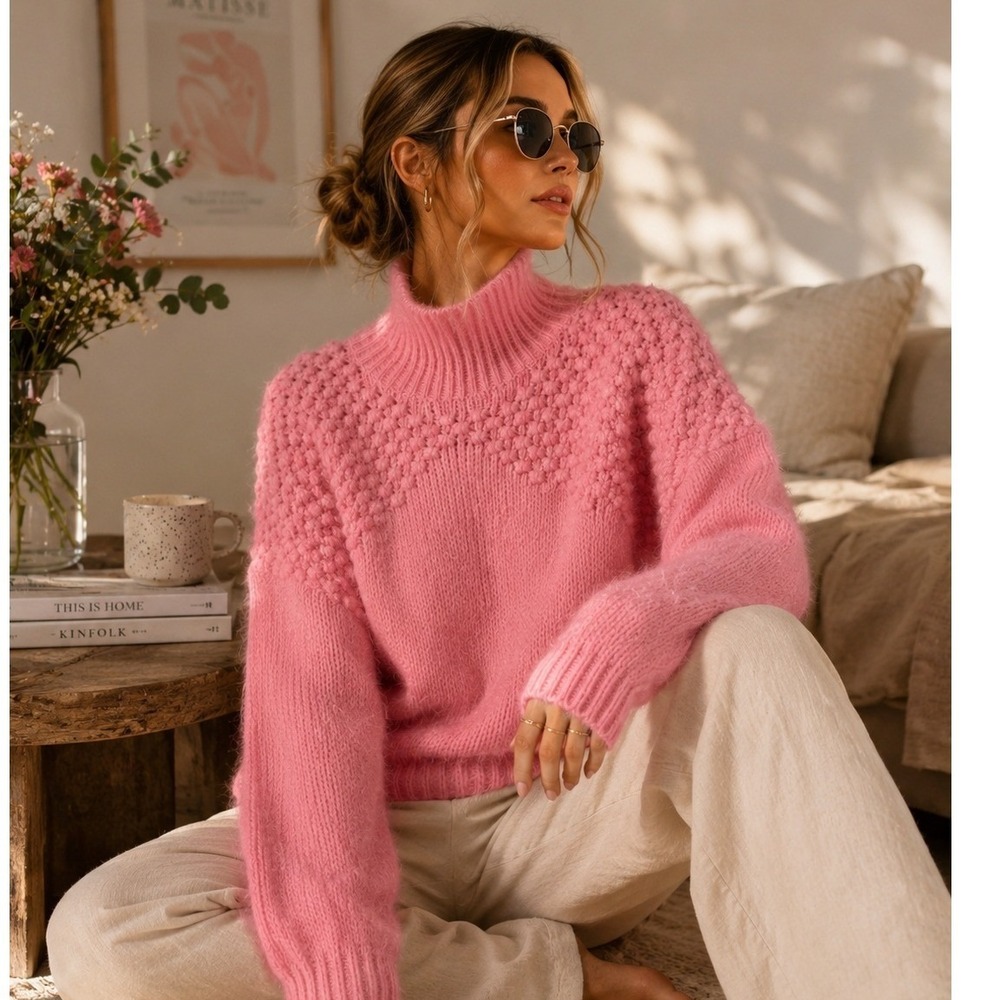 Free People Pink Mock Neck Popcorn Stitch Knit Sweater Women Small